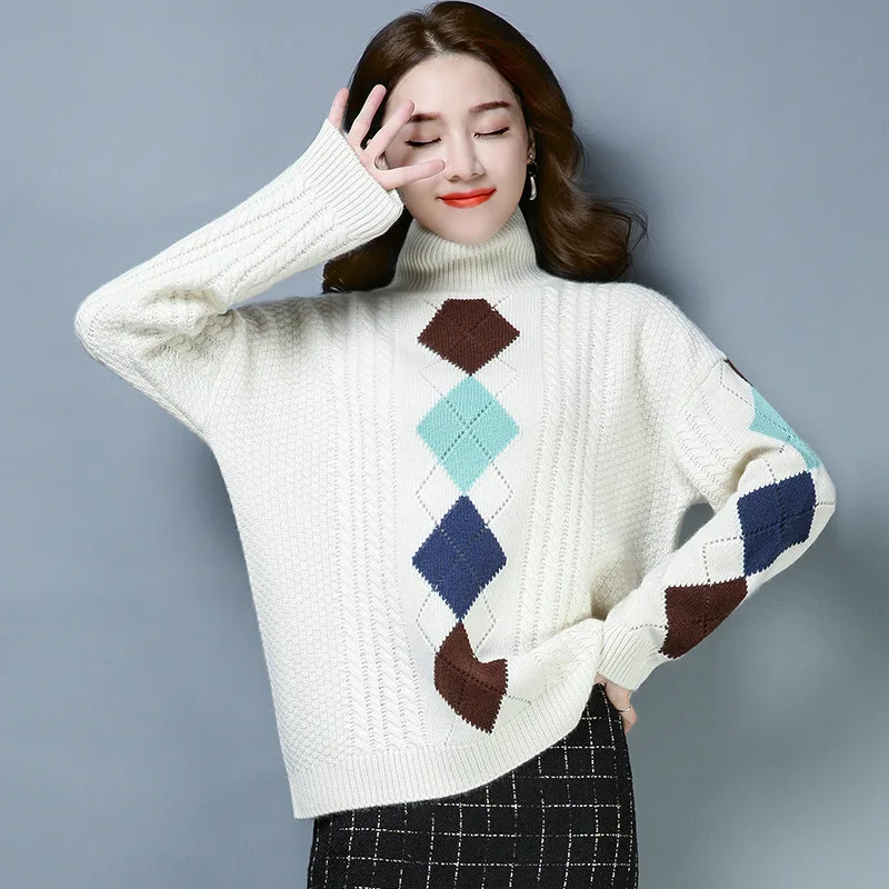 2019 Autumn Winter Diamond Wool Pullovers Sweaters Women Elegant Knitted Turtleneck Long Sleeve Black Sweater Female Knitwear