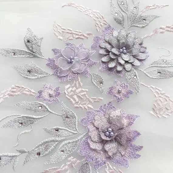 

1 piece purple colorful 3d florals motif bodice, heavy bead lace applique, heavy embroidered flower applique