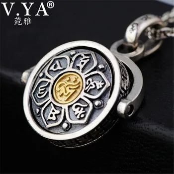 

V.YA Retro 925 Sterling Silver Rotated Pendants for Men Religious Buddhistic Six Words' Sutra Jewelry Without a Chain