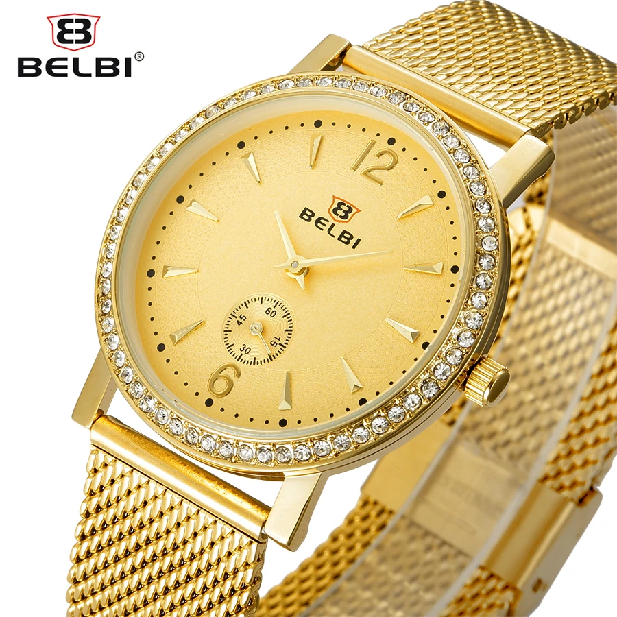 

BELBI Steel Mesh Rhinestone Women Watch Top Brand Luxury Quartz Ladies Watches Fashion Casual Dress Gold Wristwatch Clock 2017