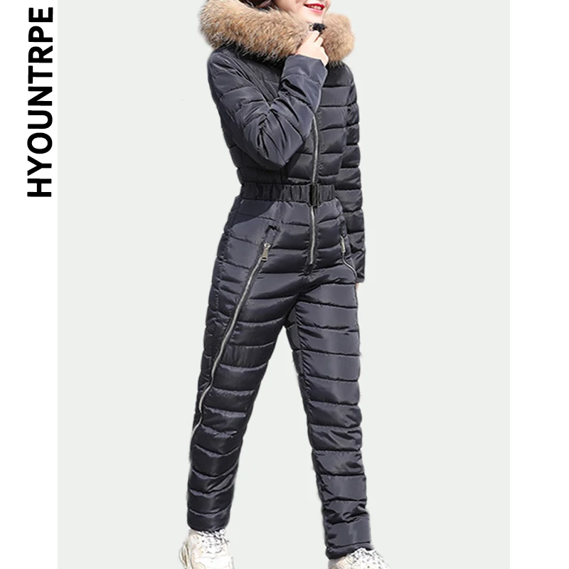 

Elegant Women Ski Suit Casual Long Zipper Warm Cotton Padded Hooded Jacket Coat New Black One Piece Jumpsuits Winter Tracksuits