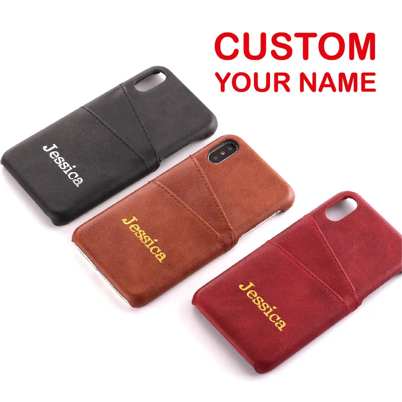 

Genuine Leather Card Slot Gold Silver Custom Your Name Text Personalized For iPhone X XR XS Max 6S 7 7Plus 8 8Plus Phone Case