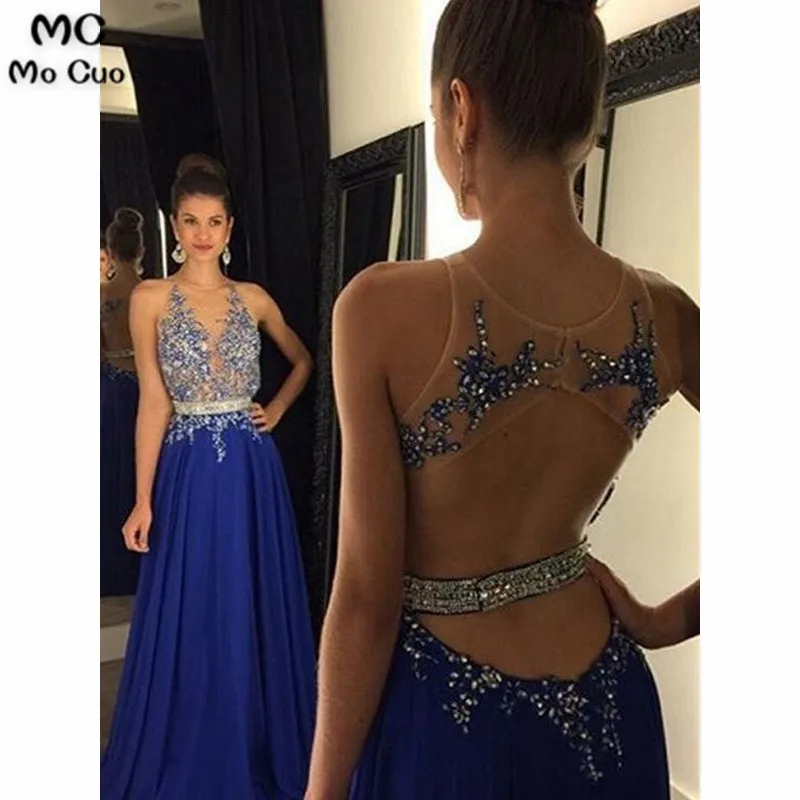 

2019 Illusion Backless Evening Dresses Prom Gown Long with Crystals Beaded Chiffon Vestido Longo Evening Party Dress for Women