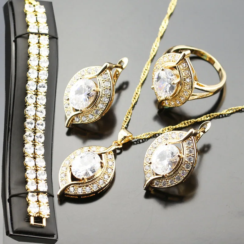 Pretty Jewelry Set For Women White Rhinestone White Zircon Gold Color