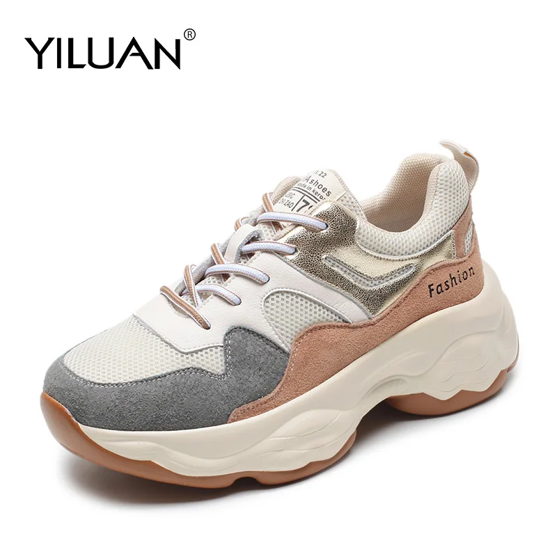 Yiluan/Повседневная Спортивная обувь; Новинка года; сезон осень; кожаные кроссовки на толстой подошве в стиле ретро; обувь для папы; женская обувь - Цвет: Хаки