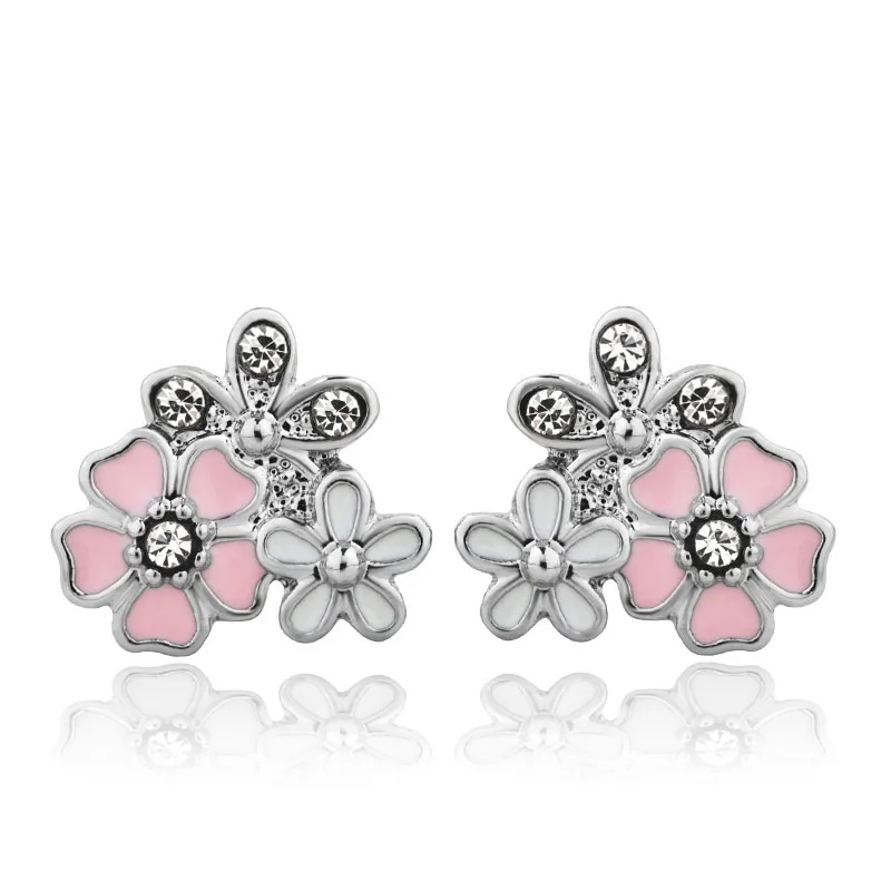 

free shipping 1 pair women silver pink daisy flower earrings ear studs fit European Jewelry A316