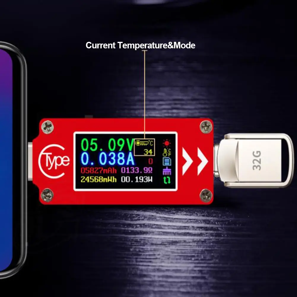 Fast Charge Current Meter Temperature Measurement High Color Screen Tool PD Voltage Ammeter USB Type-C Tester Portable