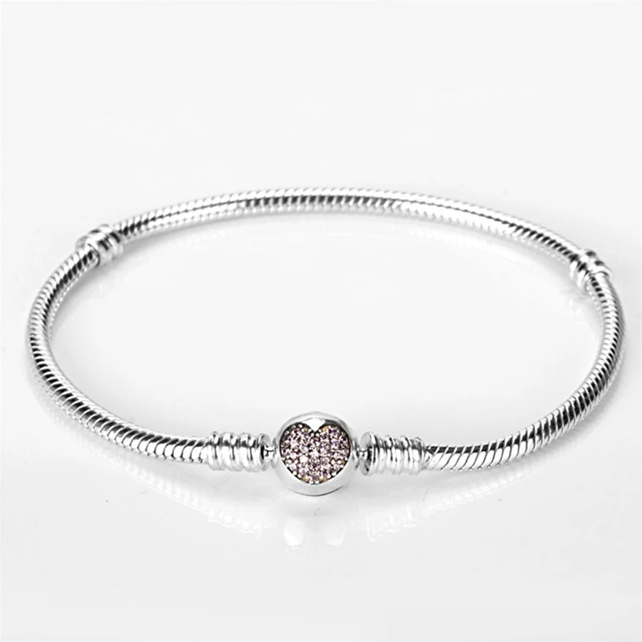 

925 Sterling Silver Sparkling Heart with Pink CZ Bracelet Fit Charm Beads Jewelry Making For Women Girls Gift