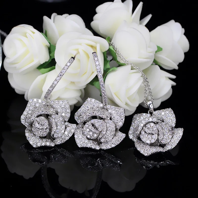 BeaQueen красивая Роза висячие серьги микро паве кубический циркон женский свадебный комплект ювелирных изделий для подружек невесты JS044