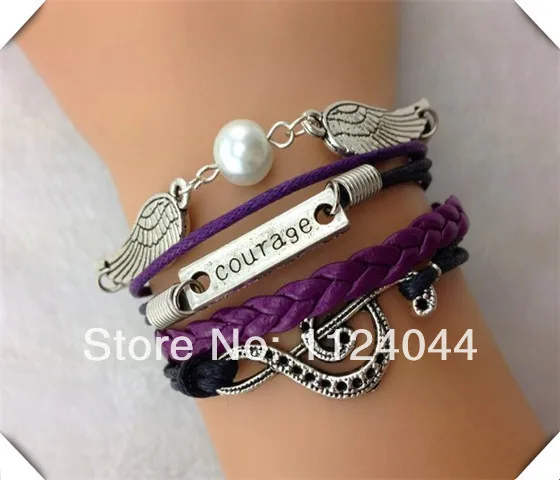Free Shipping!6PCS/LOT!Purple Leather Rope 2014 New Women Jewelry Silver Alloy Musical Courage Wing PearlCharm Bracelet F-207 | Украшения и