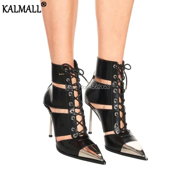 

KALMALL Runway Shoes Female Metal Point-Toe Cut-outs Needle Heel Rivet Botas Leather Sandals Silver Studs Cross-tied Ankle Boots
