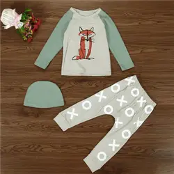 Новорожденных хлопок Костюмы для маленьких мальчиков Обувь для девочек с изображением лисы топы, штаны шляпа набор