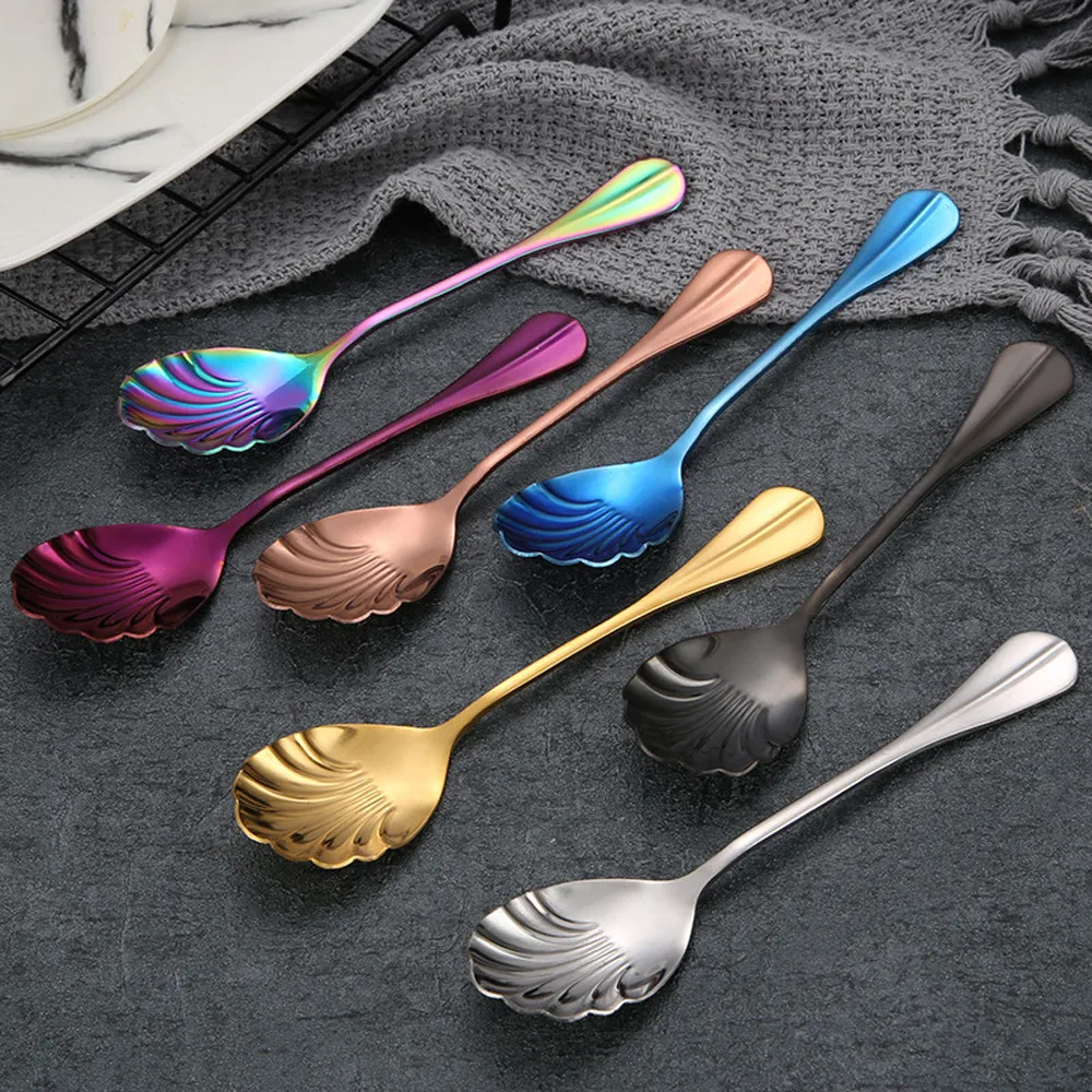 Iuhan Colorful Spoon Shell Handle Spoons Flatware Coffee Drinking Tools Kitchen Gadget Shell Shape Spoons Black Big Sale 