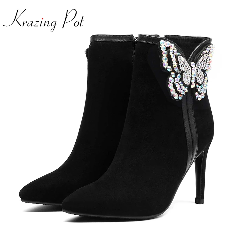 

Krazing Pot new kid suede pointed toe crystal butterfly knot banquet nightclub sexy plus size career office lady ankle boots L27