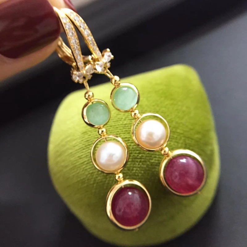 

Yuaner 14K gold Sprite drop earrings with opal and natural strawberry SPAR 8-9mm handmade pearl earrings YEAY