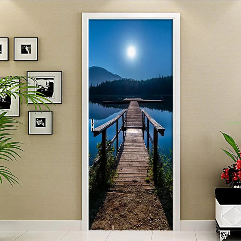 

3D Wallpaper Night Lake View Wwooden Bridge Mural Living Room Study Room 3D Door Sticker PVC Self Adhesive Waterproof Wall Paper