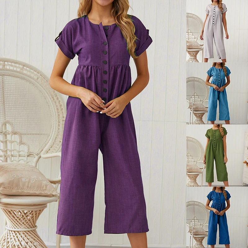 Fashion 2019 Summer Womens Casual Solid Color Buttons Wide Leg Jumpsuit Holiday Loose Short Sleeve Crew Neck Playsuit Romper Fashion 2019 Summer Womens Casual Solid Color Buttons Wide Leg Jumpsuit Holiday Loose Short Sleeve Crew Neck Playsuit Romper