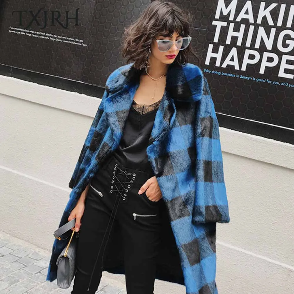 Poilu Long Bleu Txjrh Couleur Veste Turn Tops as Col Shown Contraste Fourrure down Mi Survêtement Faux Blue Noir Plaid Shaggy Manteau Élégant Vison 6fyYbg7
