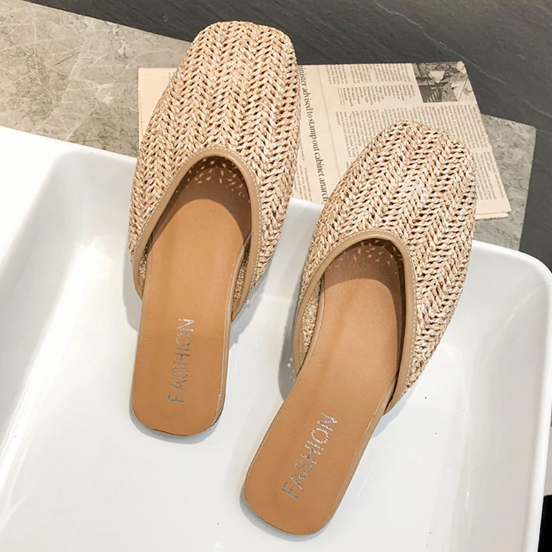 

Moxxy Luxury Flat Mules Slip On Lady Straw Slippers Chinese Mesh Slippers Women Mules Outdoor Slipper Shoes Woman Slides Femme