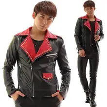 Черный красный лоскутное косой молнией кожаная мотоциклетная куртка Мужская заклепки одежда jaqueta de couro куэро Chaqueta Hombre корейский