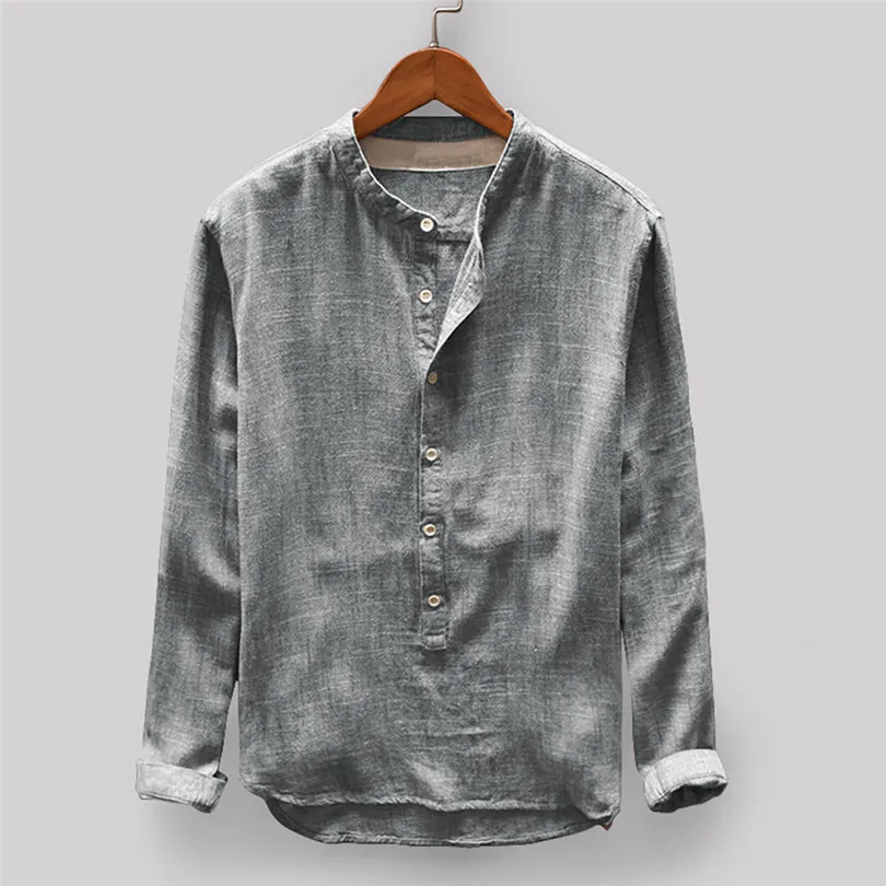  New Fashion Mens Men Autumn Winter Button Casual Daily Linen and Cotton Long Sleeve Travel Top Solid Blouse #4F04 (8)