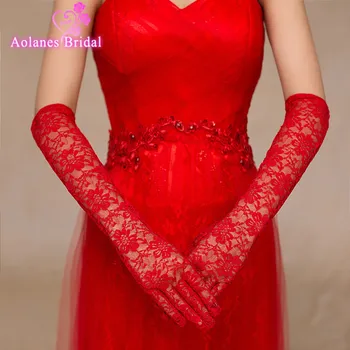 

2017 Hot Lace Wedding Gloves Elbow Length Gants Mariage Red With Fingers Bridal Gloves Free Size In Stock