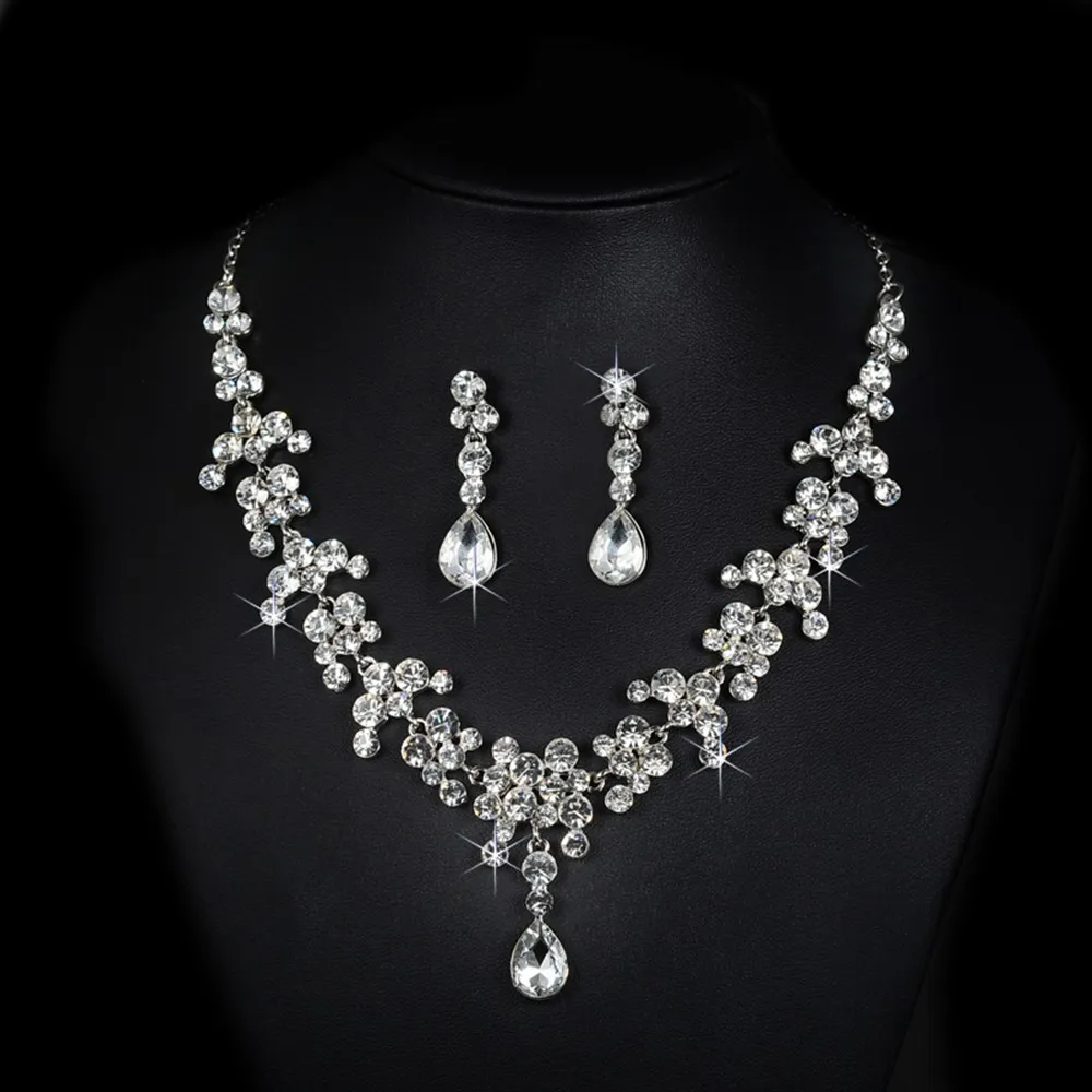 bridal jewelry set wedding dress pearl rhinestone necklace accessories women earrings silver plated luxurious party bijoux D026 (4)