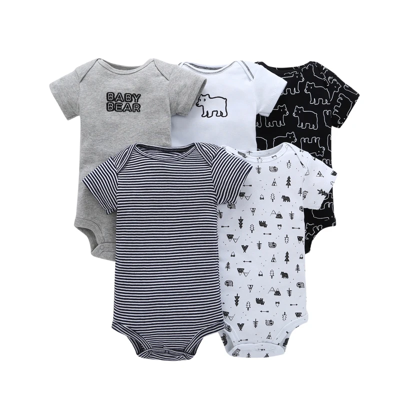 NWT "Bear" 5-Pack Baby Boy's Short Sleeve Bodysuits Cotton Cloth Set 