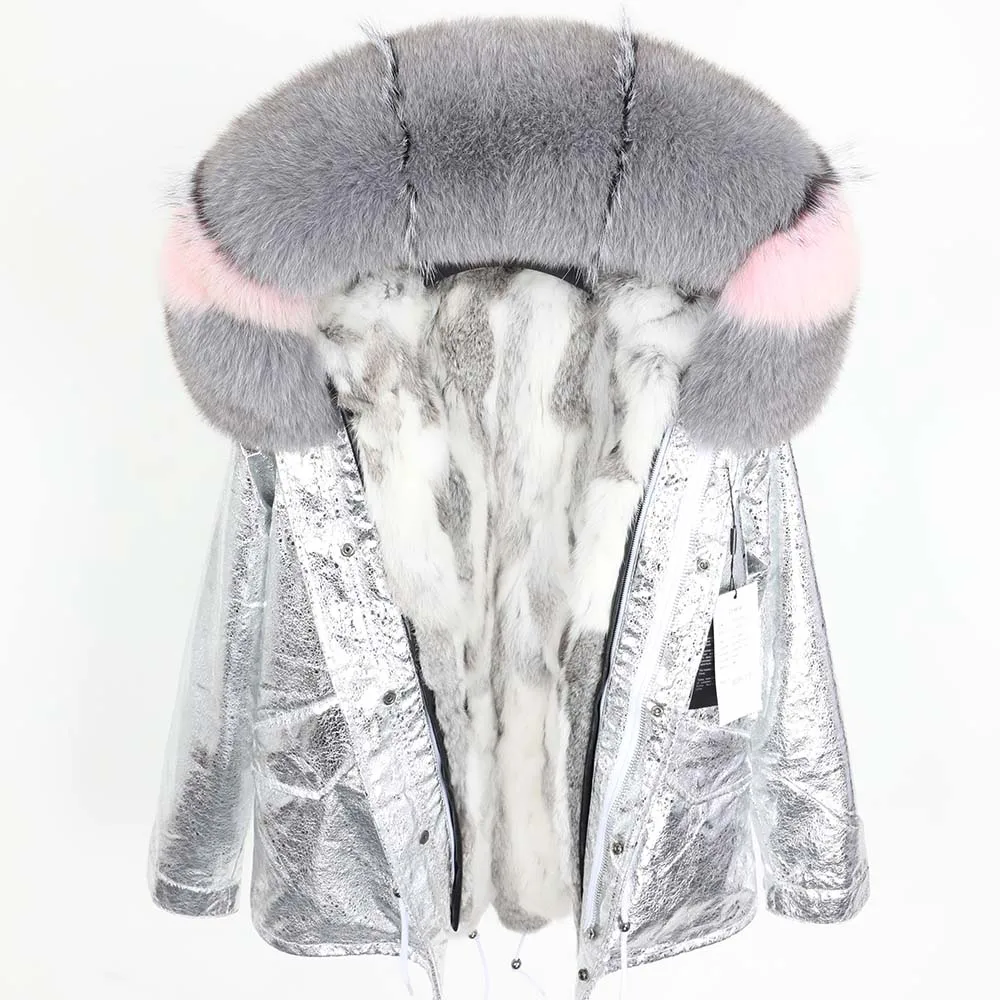 Maomaokong2018 модная женская одежда натуральный кролик мех трава лайнер парка пальто натуральный Лисий меховой воротник зимняя куртка длинная куртка - Цвет: short-11