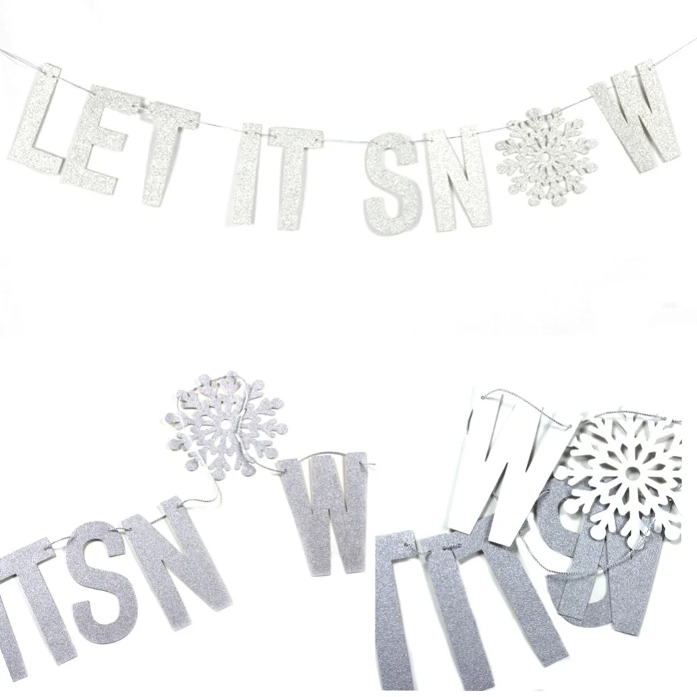 

Glitter Silver Let It Snow Letter Banner Paper Garland Snowflake Wall Hanging Decoration Christmas Photo Backdrop Home Decor