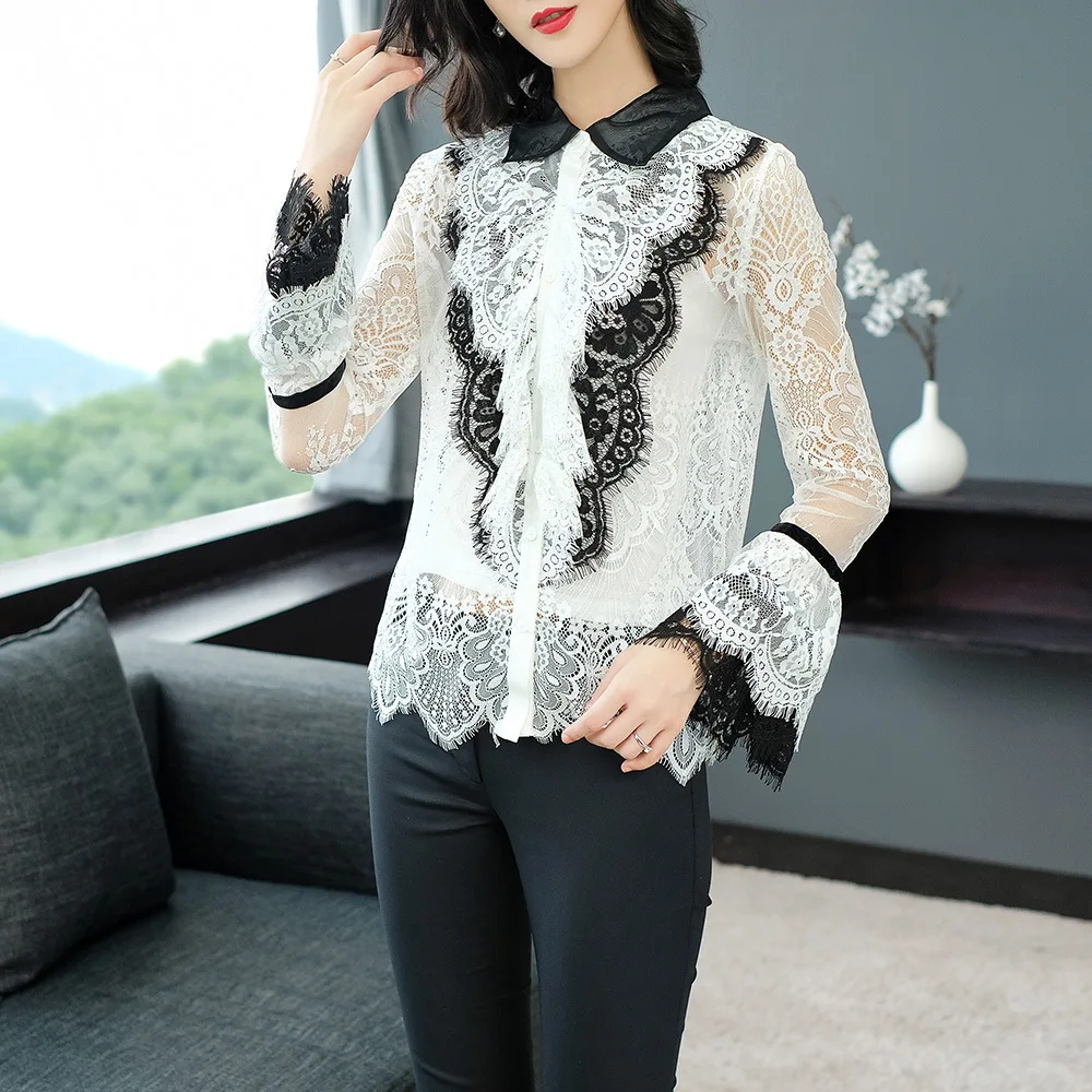 High End Women Satin Silk Blouse Shirt 2018 Autumn Lace Sexy