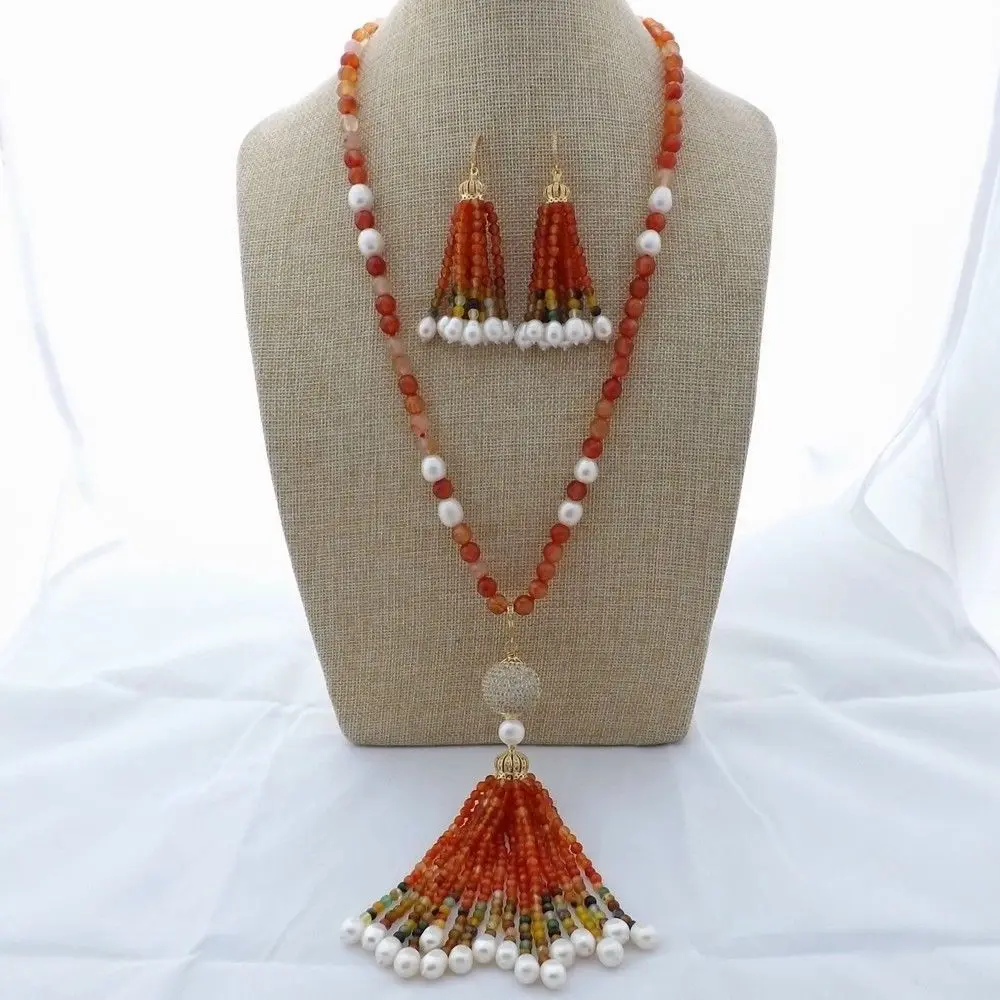 

K112902 26'' Orange Gems Stone White Pearl Necklace Earrings Set