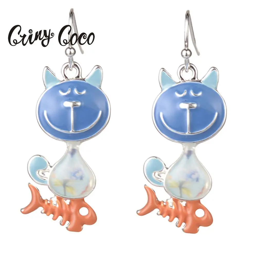 

Cring Coco Cute Cat Fish Bone Jewelry Blue Enamel Fashion Girls Metal Statement Drop Earring Silver Dangle Earrings for Women