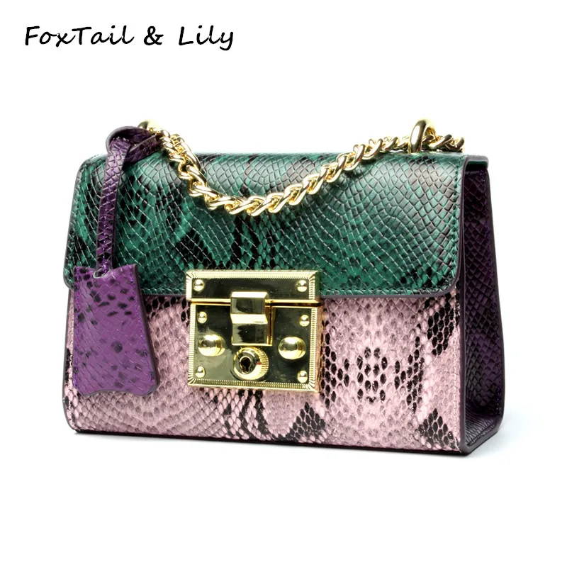 

FoxTail & Lily Serpentine Patchwork Handbag Women Genuine Leather Chain Small Shoulder Messenger Bags Luxury Mini Crossbody Bag