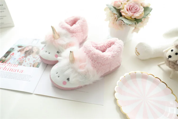 ASILETO Winter cartoon unicorn slippers fur Cotton shoes indoor floor lovely slippers Fluffy slip on cozy size 35-40 Pantoufle