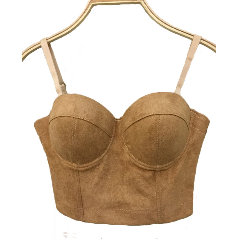 フェイクスエードビスチェクロップトップスパゲッティストラップブラジャーパッド入りビスチェ作物トップ夏パーティークラブはセクシーなプッシュアップbraletベストクラブウェ