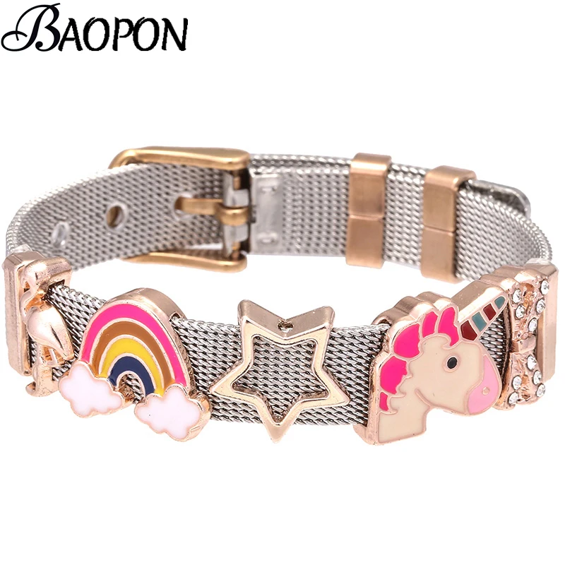 

Newest Two-Tone Stainless Steel Mesh Bracelet Bangles With Rainbow Unicorn Star Keeper Charm Fine Bracelets For Women Jewelry