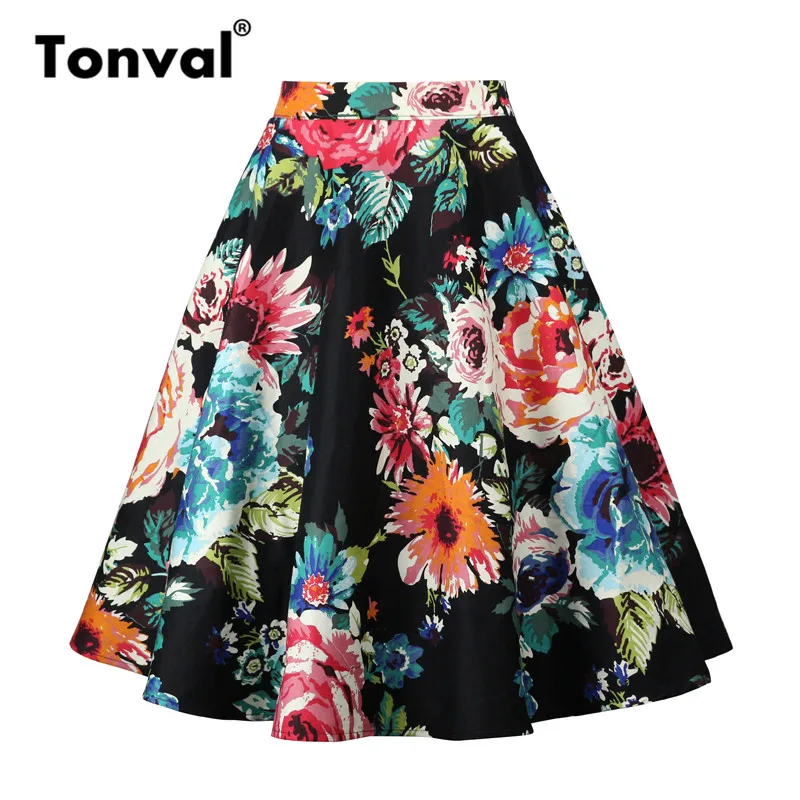 

Tonval A Line Midi Floral Retro Skirt High Waist Cotton Vintage Style Skirts Women Flower Print Elegant Skirt