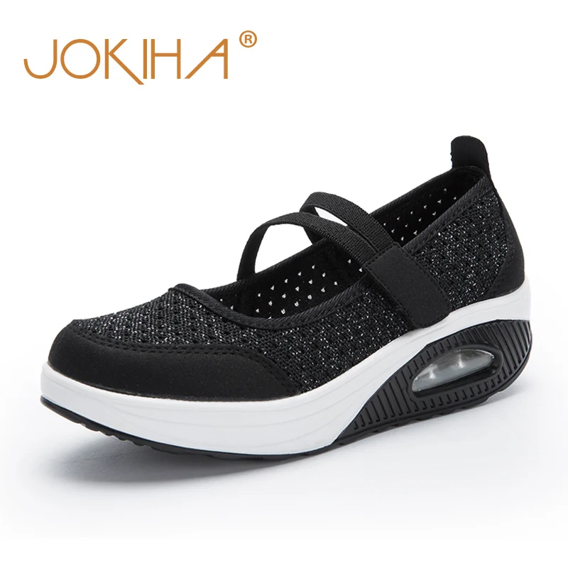 

JOKIHA Summer Wedges Platform Shoes Women Solid Mesh Air Cushion Med Heels Sneakers Shoes For Women Ladies Health Walking Shoes