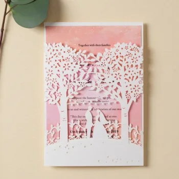 

WISHMADE Blank Wedding Invitations Cards With White Laser Cut Trees Bride And Groom and Pink Inner Card, Customizable 100pcs/lot