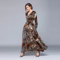 Новинка 2019, шифоновое длинное платье с принтом, леопардовое, высокое качество, богемные офисные платья, элегантные трапециевидные платья