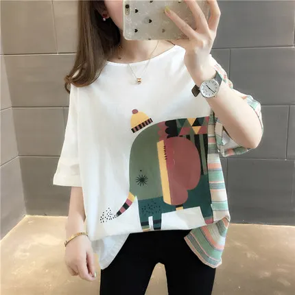 

Cotton and linen women's 2019 summer new linen loose cartoon t-shirt female bottoming shirt short-sleeved t-shirt female tide