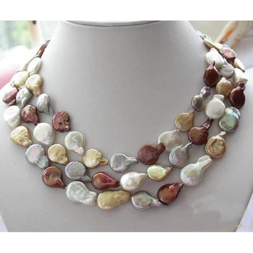 

New Arriver Pearl Jewellery,3Row 10-14mm Multicolor Coin Freshwater Pearl Necklace,Shell Clasp,Handmade Birthday Gift For Women