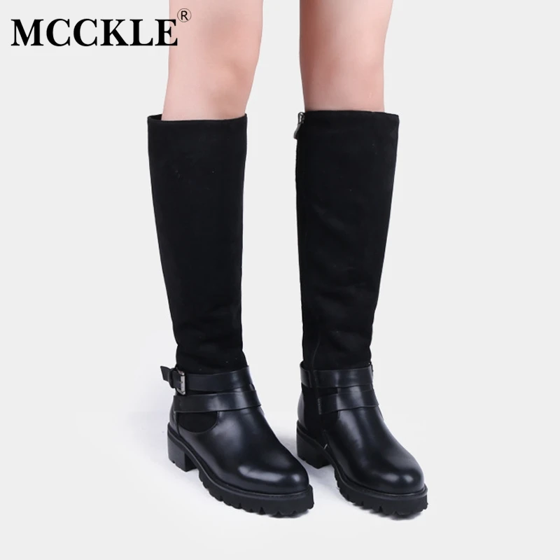 

MCCKLE Women Plus Size Platform Mid Calf Boots Fashion Plush Thick High Heels Warm Boots Ladies Buckle Zipper Shoes 2018