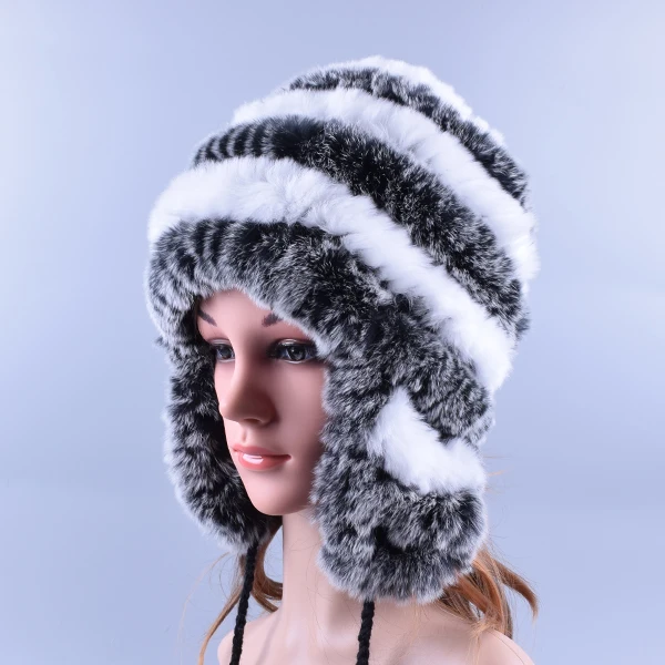 Raglaido, зимние меховые шапки для женщин, вязаная шапка из меха кролика рекс с шариковыми ушками, повседневные женские шапки, шапочки, LQ11194 - Цвет: grey white