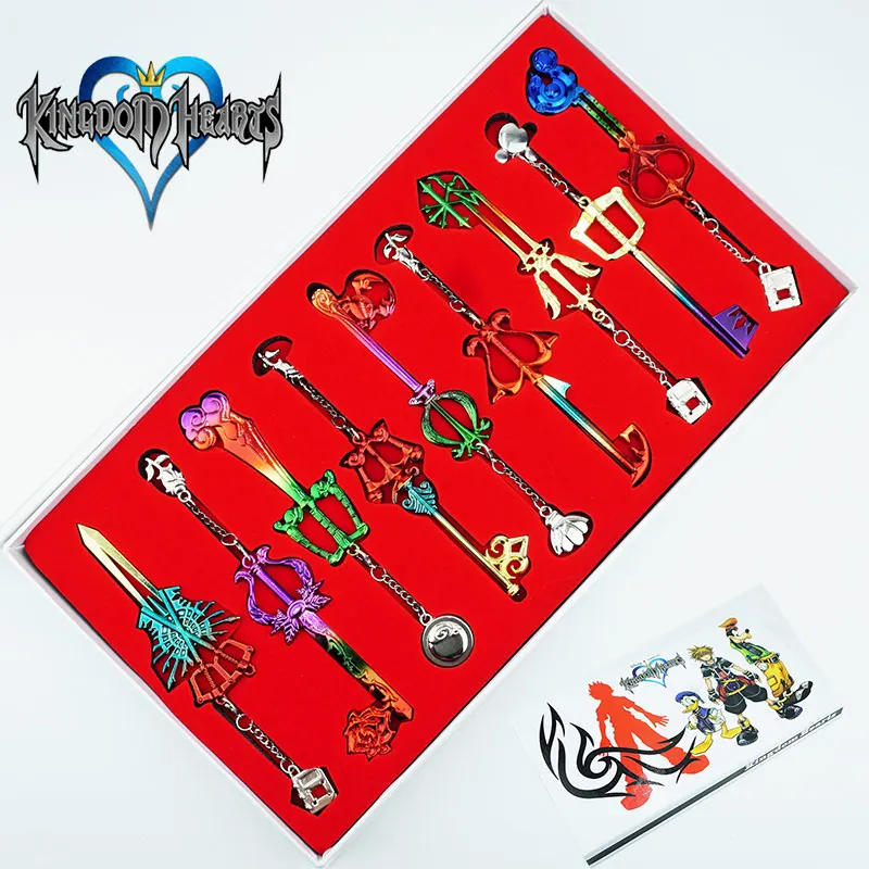 

9PCS/Set Kingdom Hearts keyblade Keychain Sora Weapons Figures Pendant Color Metal Cosplay Collection Cartoon Game +Box Gift