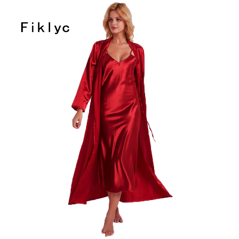 

Fiklyc underwear 2019 spring sexy women's long nightdress + bathrobes two pieces robe & gown sets nighties HOT satin sleepwear