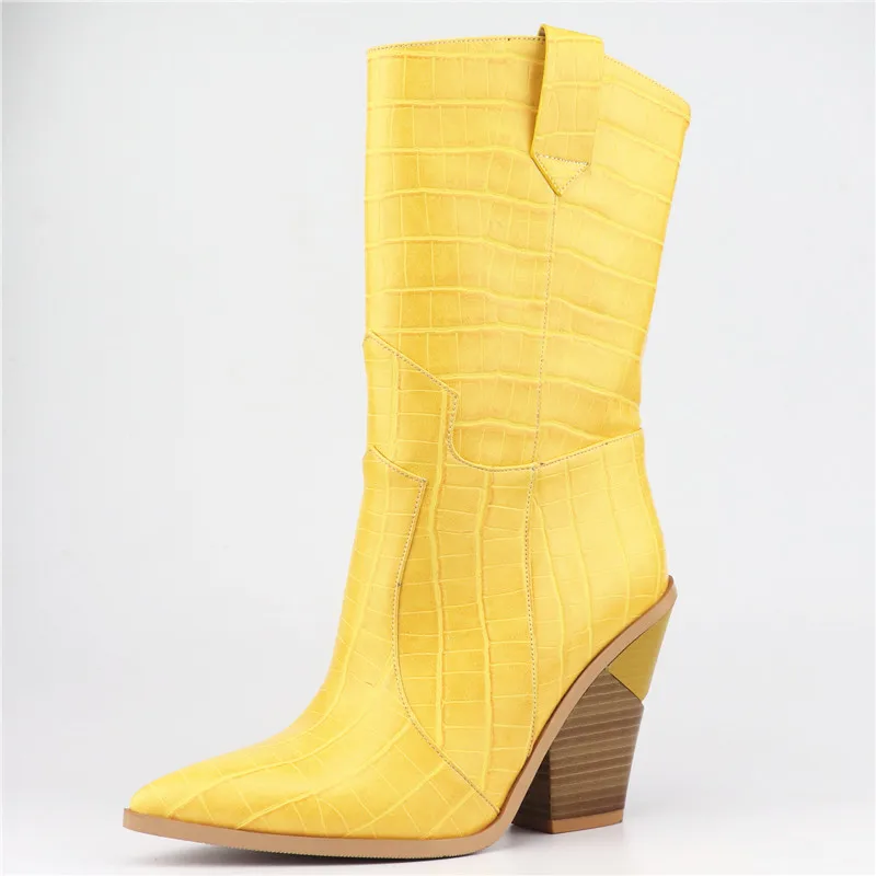 Большие размеры 33-46; коллекция года; Брендовые женские ботинки до середины икры; женские модные ботинки на высоком каблуке; женские ботинки из микрофибры; сезон осень-зима - Цвет: Цвет: желтый