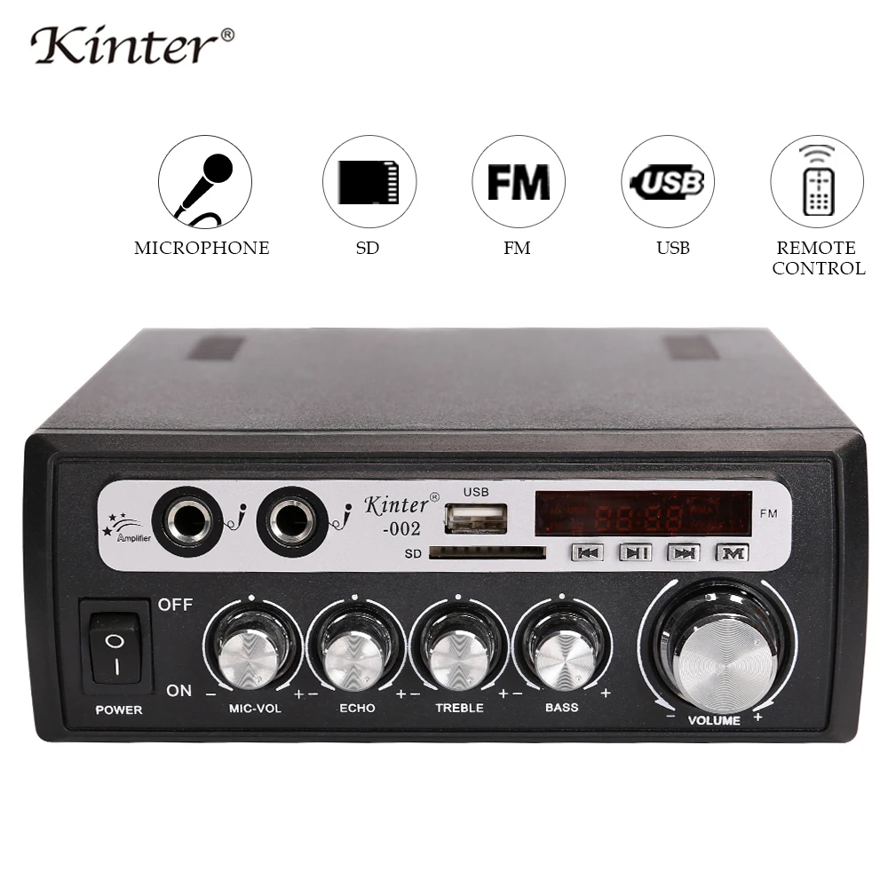 

Kinter-002 Power amplifier audio 2 channel hifi stereo sound with USB SD FM radio led digital display supply power AC 220V DC12V