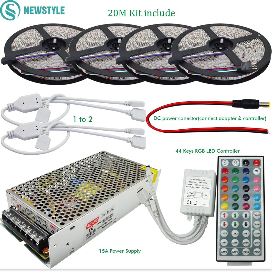 

10M 20M DC12V LED Strip SMD 5050 RGB Flexible Light+ IR 44 Keys Remote Controller + 12V 15A Power Supply Transformer